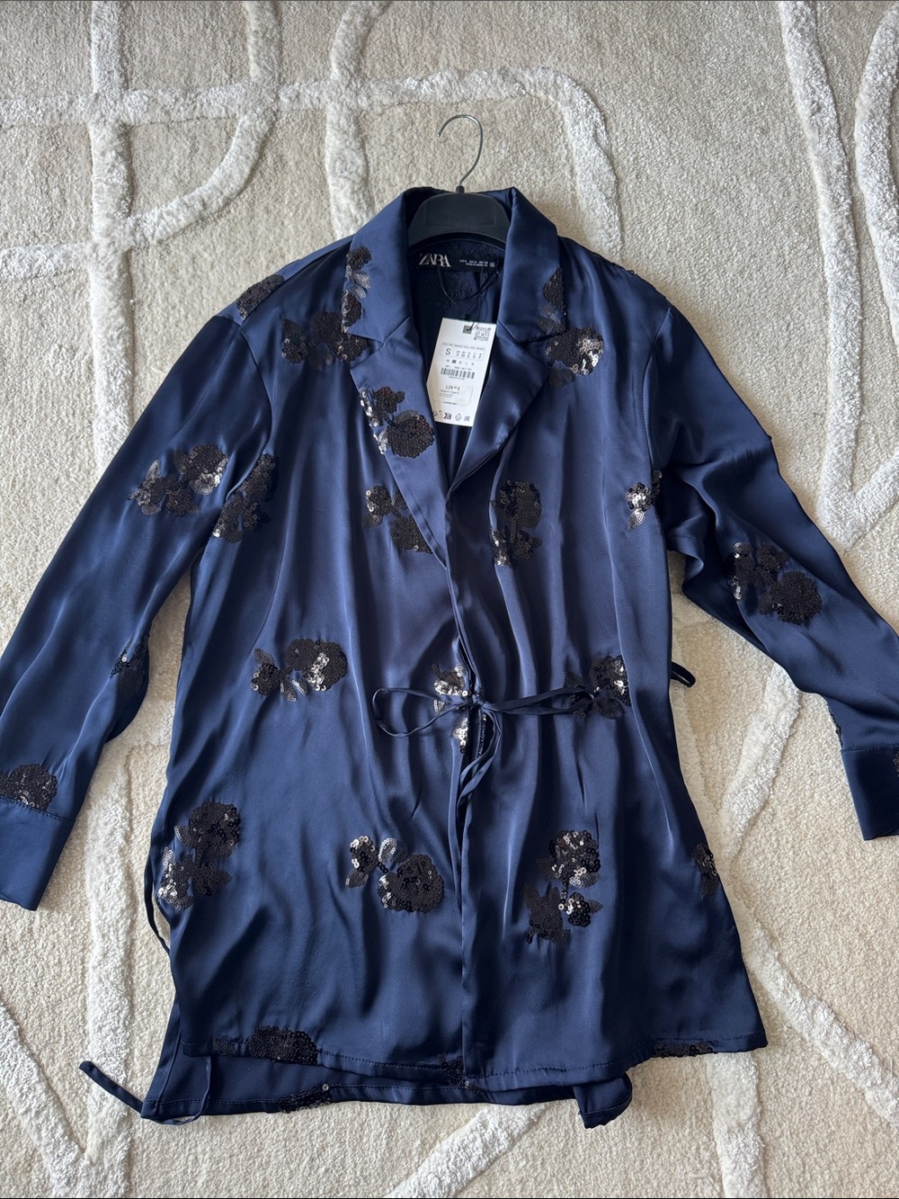 Zara Navy Sequin Satin Effect Kimono Jacket